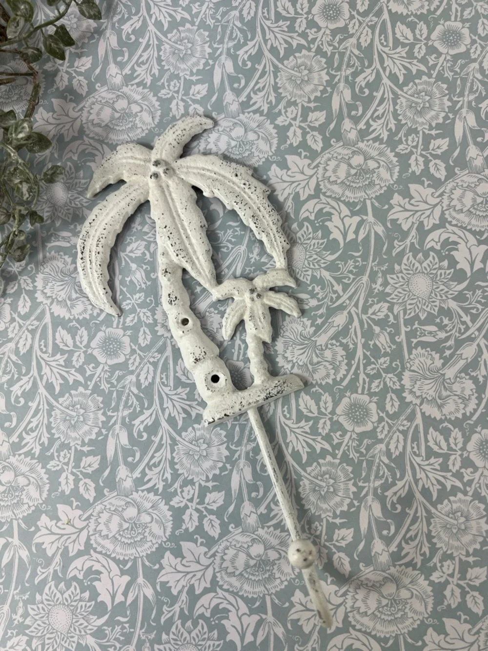 Palm Tree Wall Hook Hand Painted White Distressed Metal Coastal Home Decor